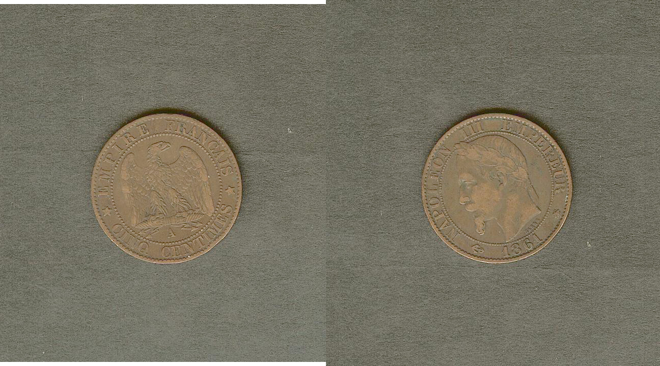 Cinq centimes Napoléon III, tête laurée 1861 Paris TTB- à TTB